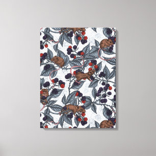 Muis en zwarte bessen op wit canvas afdruk