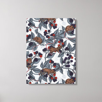 Muis en zwarte bessen op wit canvas afdruk