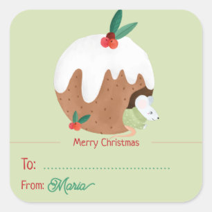 Muis genieten van kerstpudding - vierkante Sticker