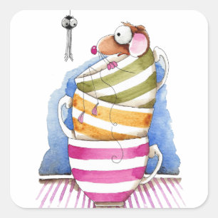 Muis in een kopje vierkante sticker