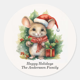 Muis Kerstman Hoed Prettig Nieuwjaar Naam Ronde Sticker