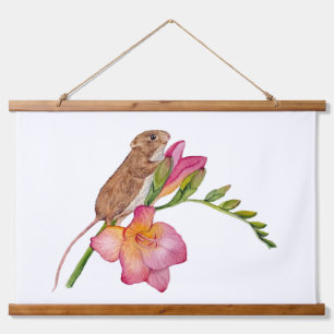 Muis met aquarel bloemontwerp Freesia Bloei Hangend Wandkleed