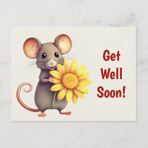 Muis met de Gele Bloem Schattig Beterschap Briefkaart
