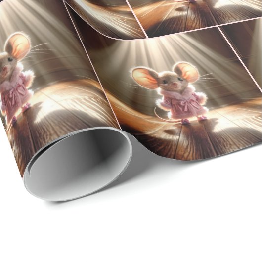 Muis met een roze mantel en slippers cadeaupapier (Rol Hoek)