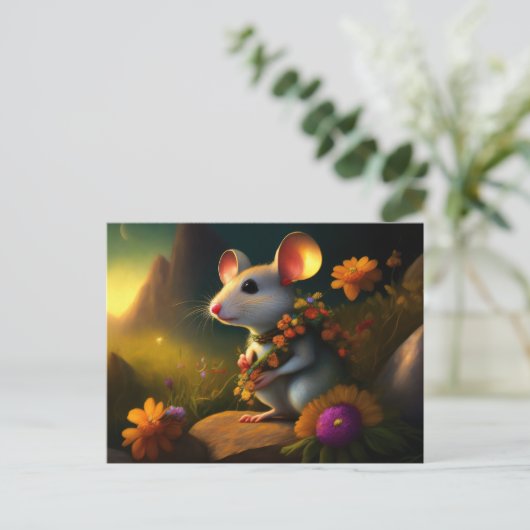 Muis met land van bloemen briefkaart (Staand voorkant)