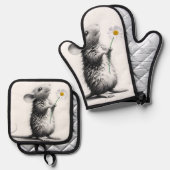 Muis met witte madeliefje ovenwant & pannenlap set (Voorkant / Achterkant)