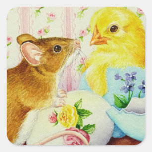 Muis ontmoet Baby Chick Pasen Waterverf Kunst Vierkante Sticker