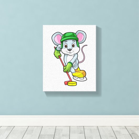 Muis op Ice hockey met Hockey stick Canvas Afdruk (Insitu (Houten vloer))