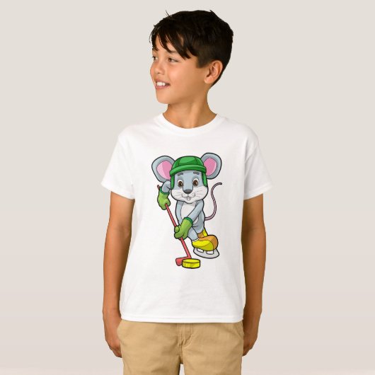 Muis op Ice hockey met Hockey stick T-shirt (Voorkant volledig)