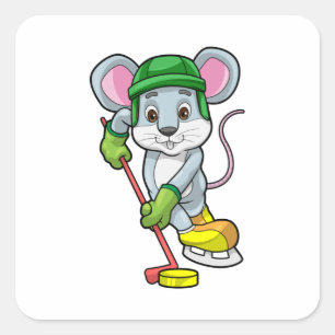 Muis op Ice hockey met Hockey stick Vierkante Sticker