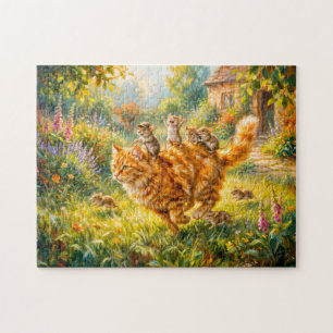 Muis rijdt op kat door tuin legpuzzel