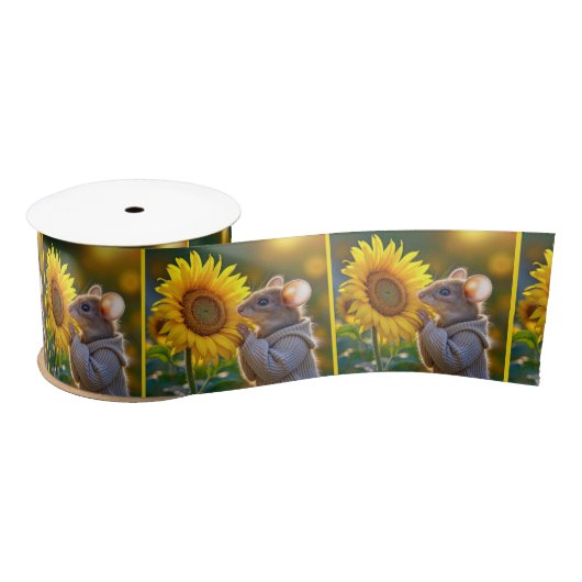 Muis ruikt een herfst zonnebloem lint (Spoel)