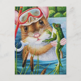 Muis Snorkel & Masker met Bullfrog Waterverf Art Briefkaart
