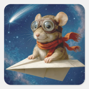 Muis vliegen in een papieren vliegtuig vierkante sticker