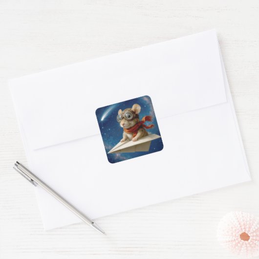 Muis vliegen in een papieren vliegtuig vierkante sticker (Envelop)