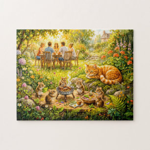 Muisentuinbarbecue met kijkende kat legpuzzel
