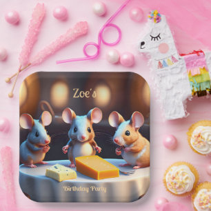 Muisfamilie aan de eettafel, Kinderen Verjaardag Papieren Bordje