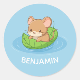 Muisje in een bladbootje blauw aangepaste naam ronde sticker