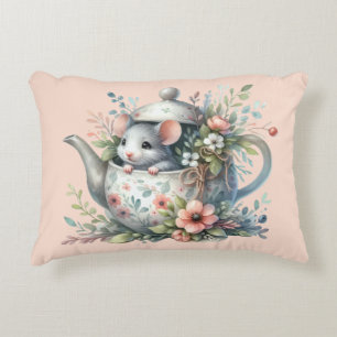 Muisje in Theepot met Bloemen Illustratie Accent Kussen