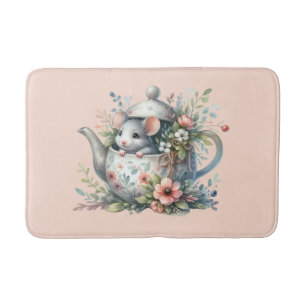 Muisje in Theepot met Bloemen Illustratie Badmat