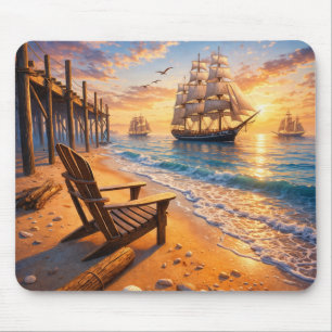 Muismat met zeilschip bij zonsondergang op het str