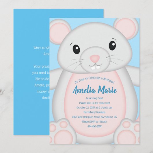 Muismuis - Birthday Party Blue Kaart (Voorkant / Achterkant)