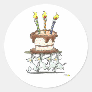 Muisparade met verjaardagstaart ronde sticker