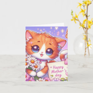 Muisvaal Oranje Katje met Madeliefjes Moederdag Kaart