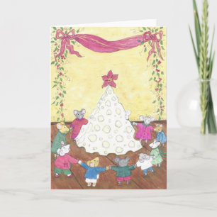 Muizen rond een kaaskerstboom feestdagen kaart
