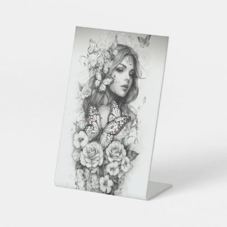 Mujer con flores reclamebord met voetstuk