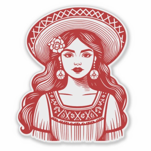 Mujer Mexicana Minimal Line Art Rode Sticker (Voorkant)