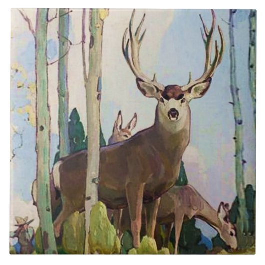 “Mule Deer bok en vrouwtje” door W Herbert Dunton Tegeltje (Voorkant)