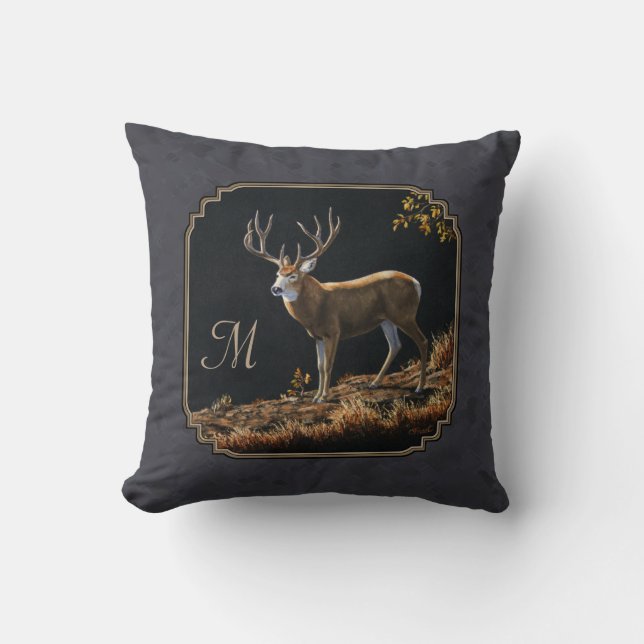 Mule Deer Buck Charcoal Gray Monogram Kussen (Voorkant)