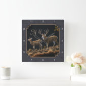 Mule Deer Buck Charcoal Gray Monogram Vierkante Klok (Huis)