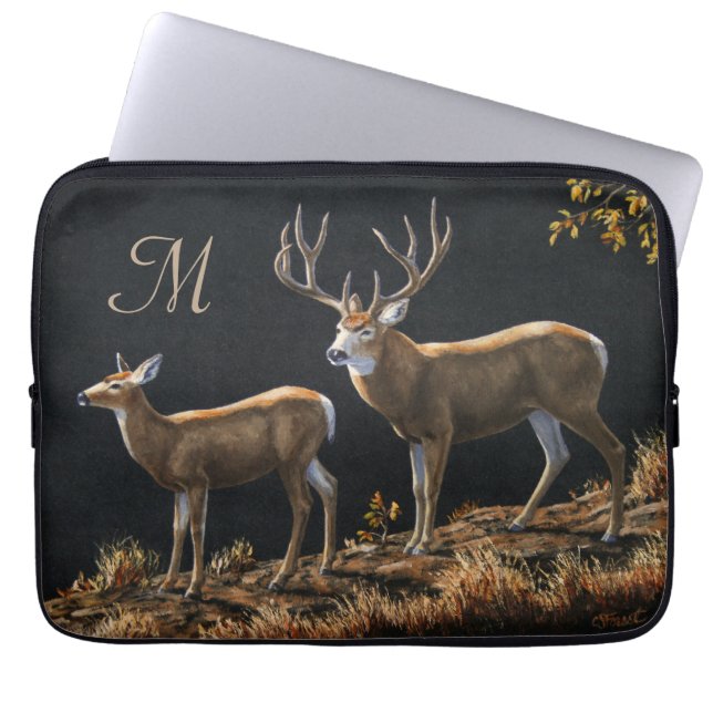 Mule Deer Buck & Doe Monogram Laptop Sleeve (Voorkant)