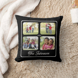 Multi Foto Familienaam Elegante Calligrafie Zwart Kussen