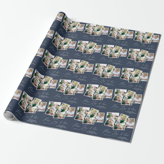 Multi-foto modern elegant script navy blue cadeaupapier (Uitgerold)