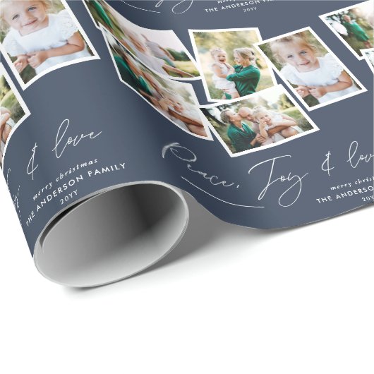 Multi-foto modern elegant script navy blue cadeaupapier (Rol Hoek)