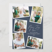 Multi-foto modern elegant script navy blue feestdagenkaart (Voorkant)