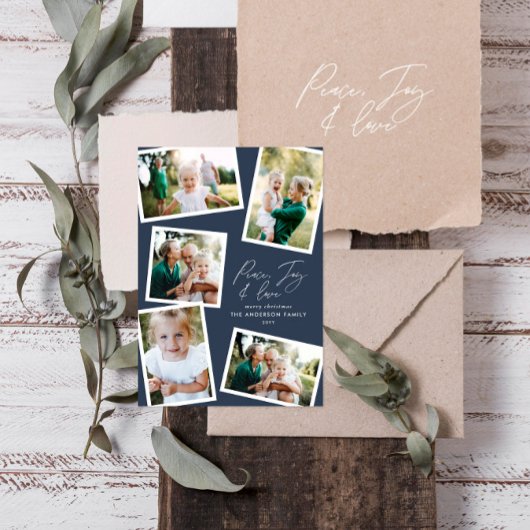 Multi-foto modern elegant script navy blue feestdagenkaart
