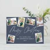 Multi foto modern vrolijk kerstscript blauw feestdagenkaart (Staand voorkant)