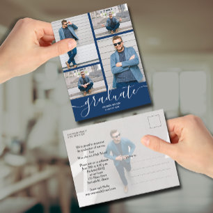 Multi Foto Navy Blue Afstuderen Invitation Briefkaart