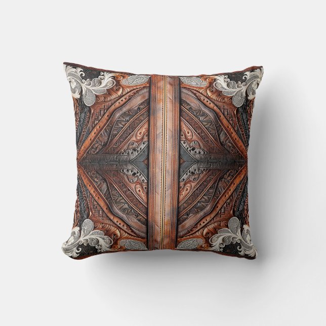 Multi Kleur Leer & Elegante Kant Rustiek Kussen (Voorkant)