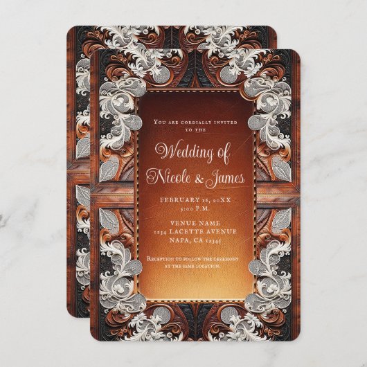 Multi Kleur Leer & Kant Look Rustieke Bruiloft Kaart (Voorkant / Achterkant)