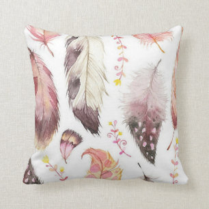 Multi-kleur roze/mauve boho veer gedrukte kussen