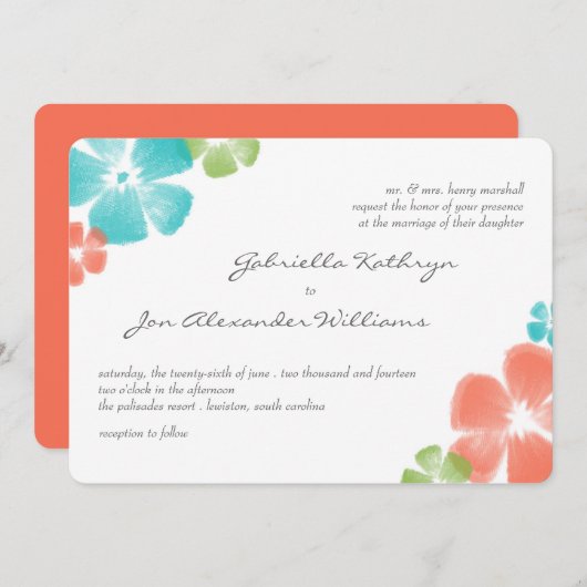 Multi Papaya Waterverf Flowers Wedding Invite Kaart (Voorkant / Achterkant)