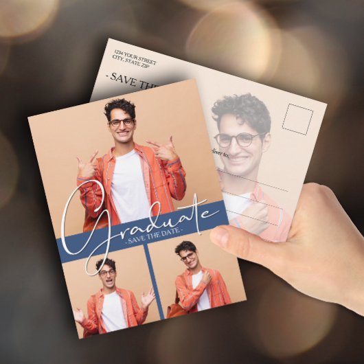 Multi Photo Blue Afstuderen Save the Date Briefkaart