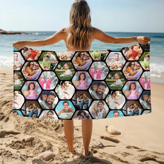 Multi Photo Collage Simple Moderne Hexagon Pattern Strandlaken