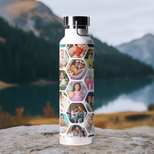 Multi Photo Collage Simple Moderne Hexagon Pattern Waterfles
