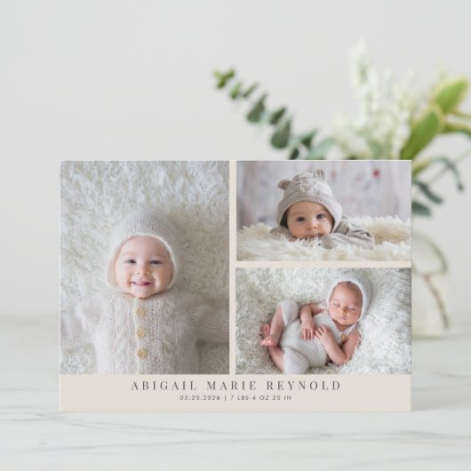 Multi Photo Minimalist Cream Geboorteaankondiging Aankondiging (Staand voorkant)